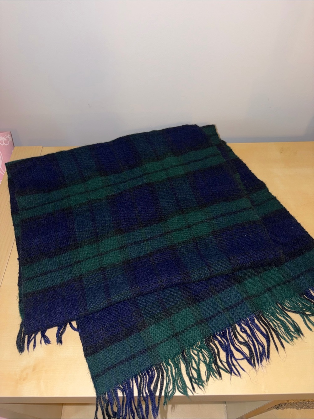 Classic Green and Navy Plaid Fringe Cashmere Scarf Unisex